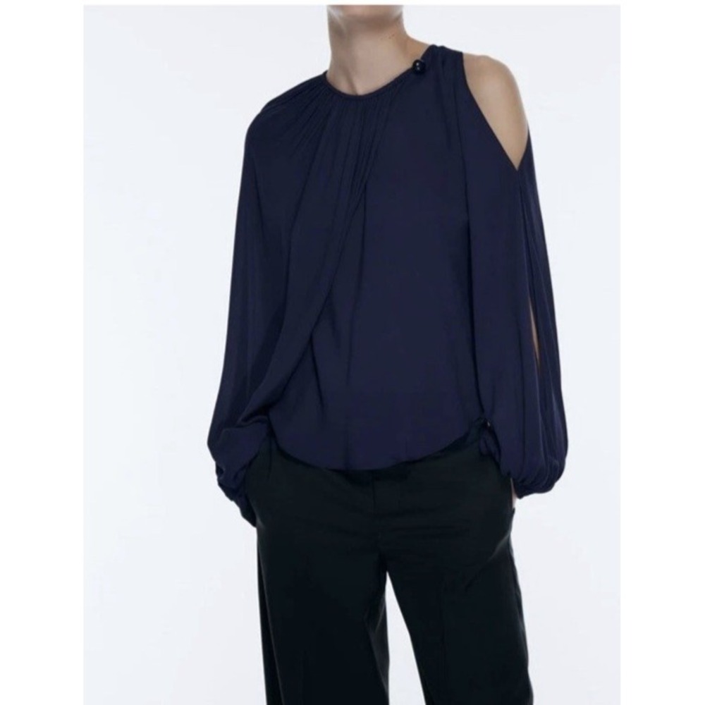 Zara Womens L Blouse Blue Cold Shoulder Balloon Sleeve Draped NEW